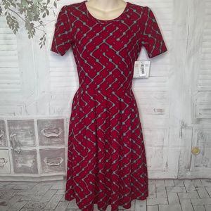 LuLaRoe Amelia Womens Red Green Handset Pleat Skirt SS Dress Sz. X Small XS NEW